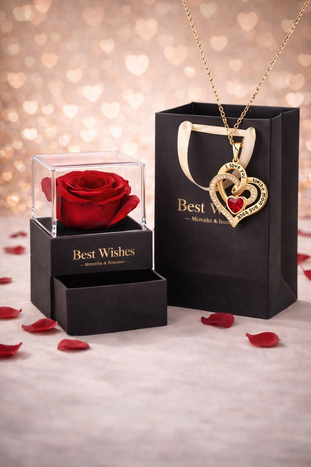 Coffret Saint-Valentin - Collier Coeur & Rose Éternelle