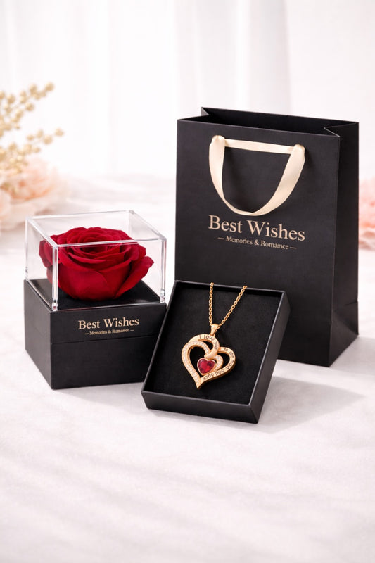 Coffret Saint-Valentin - Collier Coeur & Rose Éternelle